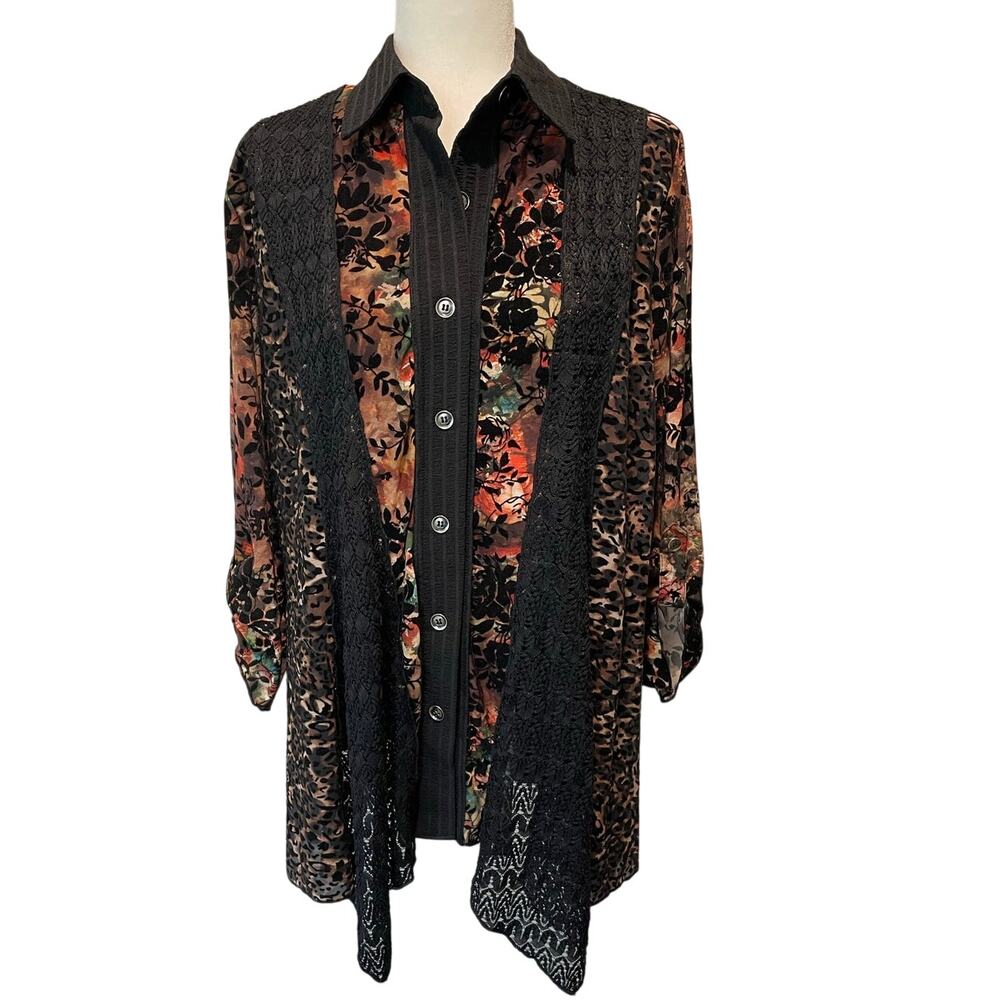 Calessa Tunic Top Velvet Burnout Sz XL Lace Floral Animal Prints Artsy Lagenlook - Picture 1 of 12